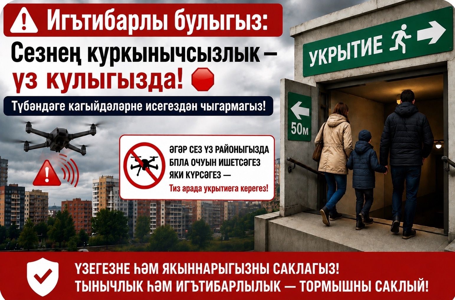 «Пилотсыз аппаратлар куркынычы» игълан ителгәндә яки сирена тавышлары ишетелгәндә үз-үзеңне тоту кагыйдәләре