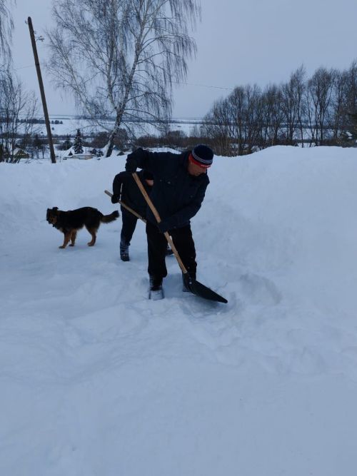 Олы Шырдан мәдәният йорты мөдире Наҗия Хәсәнова хезмәттәшләре белән бергә кар көри